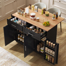 129x46(71)x91,5cm Schwarzer großer Esszimmerwagen, Sideboard, Arbeitsplatte aus massivem Holz, klappbare Arbeitsplatte, Stauraumtür, Ro
