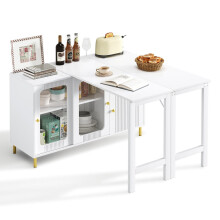 Moderner weißer Buffet-Sideboard mit klappbarer und ausziehbarer Tischplatte, drehbarer Oberfläche, goldenen Metallbeinen, Glasschiebet