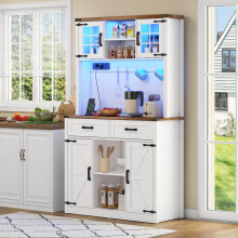 Barschrank mit LED-Beleuchtung und Steckdosen, großer Küchen-Buffetschrank mit 2 großen Schubladen, Scheunentor-Design, verstellbaren E