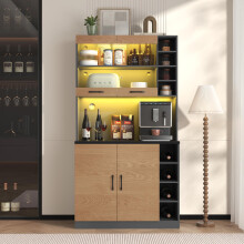 100x47x187cm, Küchenschrank, Buffet mit LED-Ambiente-Beleuchtung und Kabellöchern, Küchen-Highboard aus Holz, großer Platz für Mikrowel