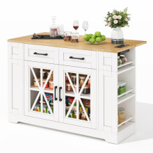 120cm tragbare Kücheninsel mit klappbarem Esstisch, offener Ablage, AC-Anschluss, USB-Anschluss, Glastür, verstellbares Laminat, Rollen
