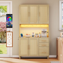 183cm Küchenanrichte, Buffet, App-gesteuerte LED-Deko-Lichter, 2 x USB, 2 x Steckdosen, verstellbare Einlegeböden, 3 Schubladen, golden
