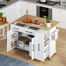 Kücheninsel mit Drop Leaf, Storage Cart mit 3 Tier Pull Out Cabinet Organizer, Internal Storage Rack, Rolling Cart auf Rädern mit Handt