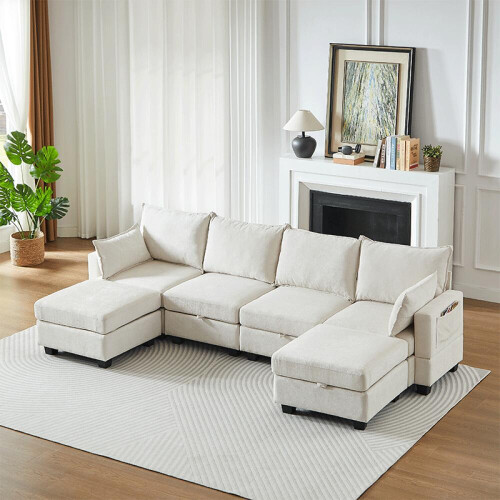 Modulares Chenille-Sofa, Ecksofas für das Wohnzimmer U-förmiges Ecksofa mit Stauraum-Ottomane, 6-Sitzer-Ecksofas mit Chaiselongue