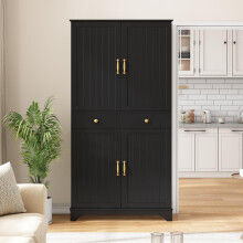 Hochschrank mit verstellbaren Regalböden und Schubladen, Bücherregal mit ausziehbaren Regalböden und Kühlschranktüren, Ideal für Esszim