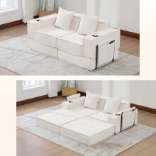 Modernes Doppelschlafsofa mit einem bequemen Zweisitzer-Stoffsofa mit zwei Kissen. Ein stilvoller dekorativer Fußhocker mit seitlichem