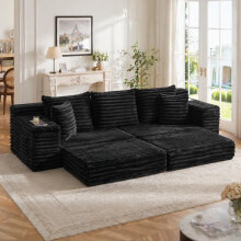 Cordstoff Wohnsofa mit Sitzkompressions-Funktion, Hoher Rückenlehne & Zusatzkissen, Beidseitigen Taschen & Getränkehaltern, Frei Kombin