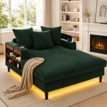 Multifunktionale Cord-Lounge mit Chaiselongue mit großer Liegefläche,beidseitige Getränkehalter, LED-Beleuchtung, Seitentasche, Staurau