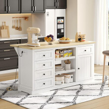 Sideboard,Kücheninsel, Bar-Schrank mit 5 Schubladen, 2 Ausziehböden, klappbarer Erweiterungsplatte und integrierten Steckdosen, für Küc