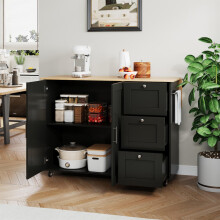 L135*B44(70)*H90cm Großer mobiler Küchentisch, Arbeitsplatte aus Eichenholz, klappbares Design, multifunktionaler Schrank, 3 Schubladen
