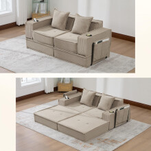 Modernes Doppelschlafsofa mit einem bequemen Zweisitzer-Stoffsofa mit zwei Kissen. Ein stilvoller dekorativer Fußhocker mit seitlichem