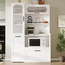 Highboard mit verstellbaren Regalböden und Schubladen, Küchenschrank mit ausziehbaren Regalböden und Riffelglas , Ideal für Esszimmer,