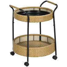 Servierwagen, Φ50 x 66 cm, Rattan Trolley mit 2 Regalen, Gartenrollwagen, Runde Küchenwagen mit Griffen, Outdoor Barwagen, Natur