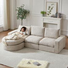 Chenille-Sofa mit gebogenen Elementen und Liegestuhl, vollständig komprimiert und ohne Gestell, modulares Kombinationssofa L-Liegestuhl