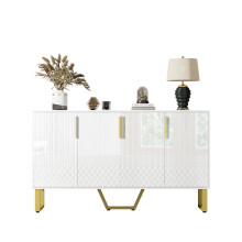 Hochglanz-Sideboard, 4 Türen, Metallgriffe und -beine, geometrisches Design in Weiß, 140L*40B*80H