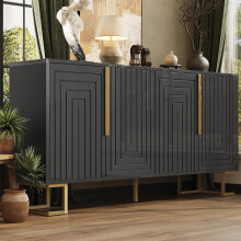 Das schwarze Sideboard (152 x 40 x 75 cm) verfügt über ein einzigartiges geometrisches Design und goldene Griffe und Füße für ein elega