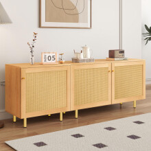 Modularer Aufbewahrungsschrank, dreitüriger Besteckschrank aus Rattan,rustikales Sideboard für das Esszimmer. Naturholzoptik-H63/B180T4