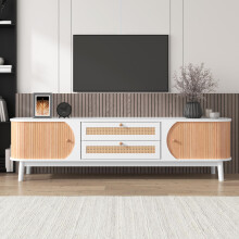 TV-Schrank-Natürlicher Holz-Blend TV-Schrank mit Türen und Schubladen. TV-Ständer mit Rattanseiten. Aufbewahrungslösung, Natürlicher La