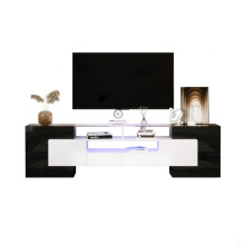Stilvoller TV-Schrank, niedriges Panel. Hochglanz-Weiß und Schwarz, 200 cm, LED-Beleuchtung Wohnzimmermöbel. Modernes Design. Elegante