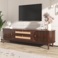TV-Schrank-Natürlicher Holz-Blend TV-Schrank mit Türen und Schubladen. TV-Ständer mit Rattanseiten. Aufbewahrungslösung, Natürlicher La