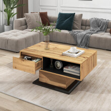 Couchtisch aus Holzmaserung, mit Eine grifflose Schublade, ein Staufach und Heckstaufach,doppelseitiger Stauraum. Büro, Wohnzimmer-Sofa