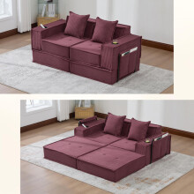 Modernes Doppelschlafsofa mit einem bequemen Zweisitzer-Stoffsofa mit zwei Kissen. Ein stilvoller dekorativer Fußhocker mit seitlichem