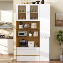 Highboard mit verstellbaren Regalböden und Schubladen, Buffetschrank mit ausziehbaren Regalböden und Riffelglas , Ideal für Esszimmer,