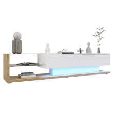 TV-Schränke, Lowboards, Kombination aus Hochglanzweiß und Holzfarben. Glastrennwände und variable LED-Beleuchtung. Es kombiniert natürl