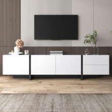 TV-Schrank, lowboard Panel mit farbblockierten Beinen in Hochglanz-Weiß und Schwarz, mit Türen und Schubladen, Türen mit Regalen. Einfa
