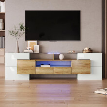 Stilvoller TV-Schrank, Lowboard.hochglänzendes Weiß, 200 cm, LED-Beleuchtung, Wohnzimmermöbel. modernes Design. elegante Glasoberfläch