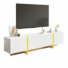 190 cm TV-Schrank, 3 Türen, 2 Schubladen, Weiß mit Gold und Holzmaserung