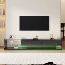 TV-Schränke, Lowboards, Hochglanz-Wohnzimmermöbel. Glastrennwände und variable LED-Beleuchtung. Es verbindet natürlichen, rustikalen St