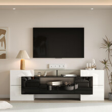 Stilvoller TV-Schrank, niedriges Panel. Hochglanz-Weiß und Schwarz, 200 cm, LED-Beleuchtung, Wohnzimmermöbel. Modernes Design. Elegante