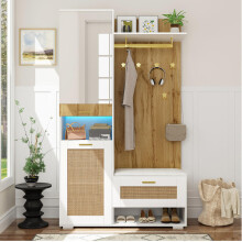 Garderoben-Set, Kleiderschrank-Set mit Spiegel, 6 goldenen Kleiderhaken, Schuhschrank, Wandgarderobe, oberem Stauraumfach, Sitzbank und