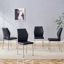[4er-Set] Schicke Esszimmerstühle im Leicht-Luxus-Stil: Schwarze PU-Rückenlehne mit senkrechter Prägung + metallene Silberbeine. Passen
