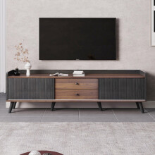 TV-Schrank mit zwei Schubladen, Fernsehtisch TV Board, TV- Lowboard niedrige Platte mit zwei Schiebetüren. Exquisite Textur. Schwarz un