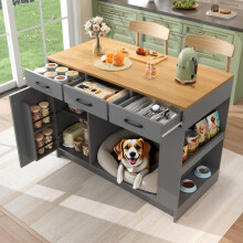 Kücheninsel, Schrank mit 3 Schubladen, 1 Gewürzablage, verstellbare Regalplatte, Doppelablage (ohne Hundefutterteller), geräumiger Haus