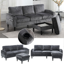 Elegantes Sofa mit Hocker & Stauraum – 4-Sitzer mit bequemen Armlehnen, Getränkehalter, Seitentaschen & robusten Kunststofffüßen, Samt