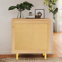 Sideboard aus Korbgeflecht, Nachttisch,eintüriger Aufbewahrungsschrank, rustikales Sideboard für das Esszimmer. Naturholzoptik-H63/B60T