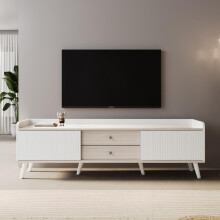 TV-Schrank mit zwei Schubladen, Fernsehtisch TV Board, TV- Lowboard niedrige Platte mit zwei Schiebetüren. Exquisite Textur. Weiß und n