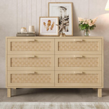 Elegantes Sideboard und Kommode aus Naturholz mit sechs Schubladen, Schlafzimmerschrank mit viel Stauraum, Schubladen in Rattanoptik.