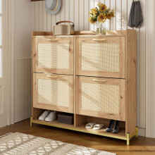 Eleganter Schuhschrank aus Holz mit Rattantüren – 4 Türen, Metallrahmen und oberes Regal für stilvolle und übersichtliche Aufbewahrung