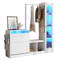 6-in-1-Eingangskombination, Garderobenset, Frisiertisch mit Kleiderstange, Schuhbank und Klappschuhschrank, Glasvitrine, Mit farbwechse