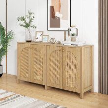 Modernes Sideboard im minimalistischen Stil 4-Rattantür, Metallgriff einfaches Buffetschrank für Esszimmer, Wohnzimmer, Küche (Naturhol