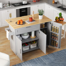 L132.5*B44(70)*H90cm großer mobiler Küchentisch, Arbeitsplatte klappbar, Eiche Maserung, multifunktionaler Schrank, Gewürzregal, Handtu