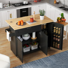L132.5*B44(70)*H90cm großer mobiler Küchentisch, Arbeitsplatte klappbar, Eiche Maserung, multifunktionaler Schrank, Gewürzregal, Handtu