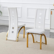 [2er-Set] Europäische Design-Esszimmerstühle mit Lochmuster, Weiß matt PU-Leder + Goldglanz Metallbeine, 102,5 cm hoch, für modernes Es