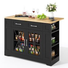 120cm tragbare Kücheninsel mit klappbarem Esstisch, offener Ablage, AC-Anschluss, USB-Anschluss, Glastür, verstellbares Laminat, Rollen