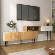 Moderner TV-Schrank mit verstellbarer Länge, Modulares 2-teiliges Design, Holzoptik + Weiß matt, Schwarze Metallbeine, Multifunktionale