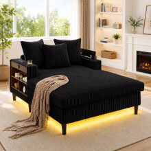 Multifunktionale Cord-Lounge mit Chaiselongue mit großer Liegefläche,beidseitige Getränkehalter, LED-Beleuchtung, Seitentasche, Staurau